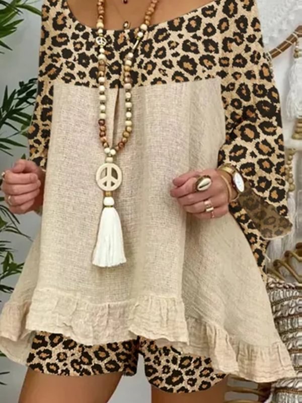 Fashion Women's Leopard Stitching Cotton Long Sleeve Suit