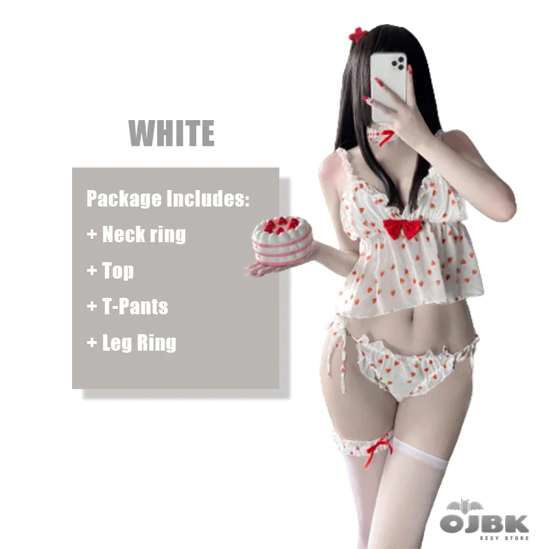 Billionm Sexy Exotic Apparel Kawaii Strawberry Pattern Outfit Top Panties With Collar Leg Rings Bow-knot Cosplay Costumes Cute Pajamas