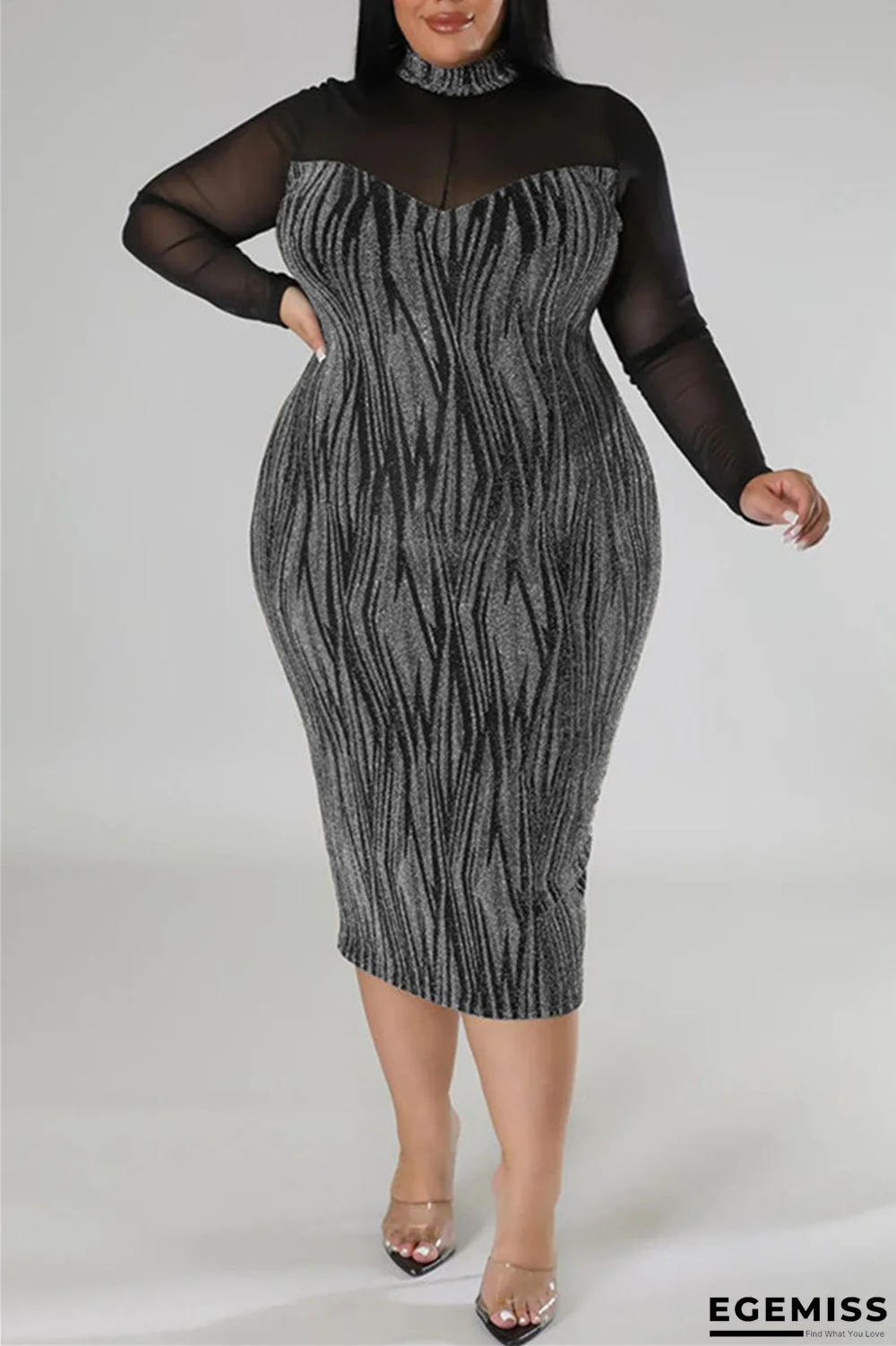 Silver Sexy Casual Print Patchwork See-through Turtleneck Long Sleeve Plus Size Dresses | EGEMISS