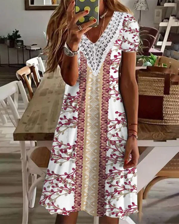 Sexy V-Neck Loose Printed Lace Dress