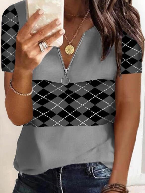 Fashion Short-Sleeved Zipper Printed T-Shirt
