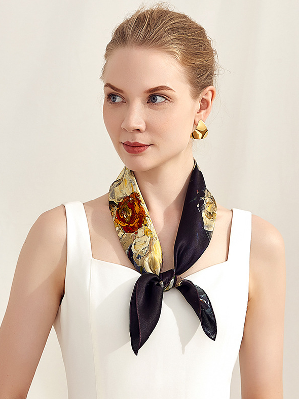 Silk Scarf White Flowers Oil Painting Fashion Style-Chouchouhome