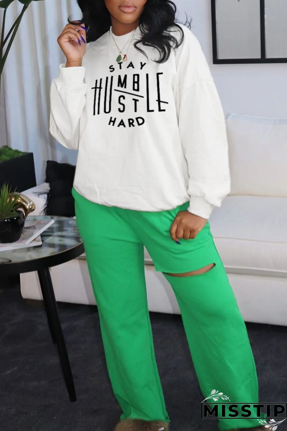 White Fashion Casual Print Patchwork Letter O Neck Tops