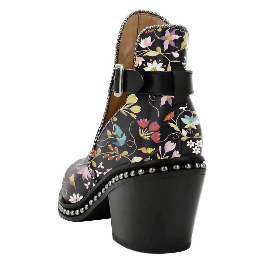 Chunky Heel Studded Pointed Toe Flower Print Buckle Strap Ankle Boots