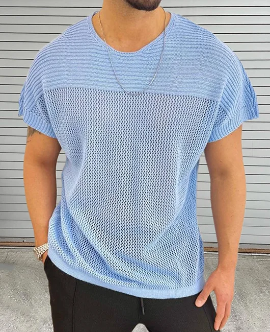 Casual Crew Neck Short Sleeve Hollow Knitted T-Shirt 