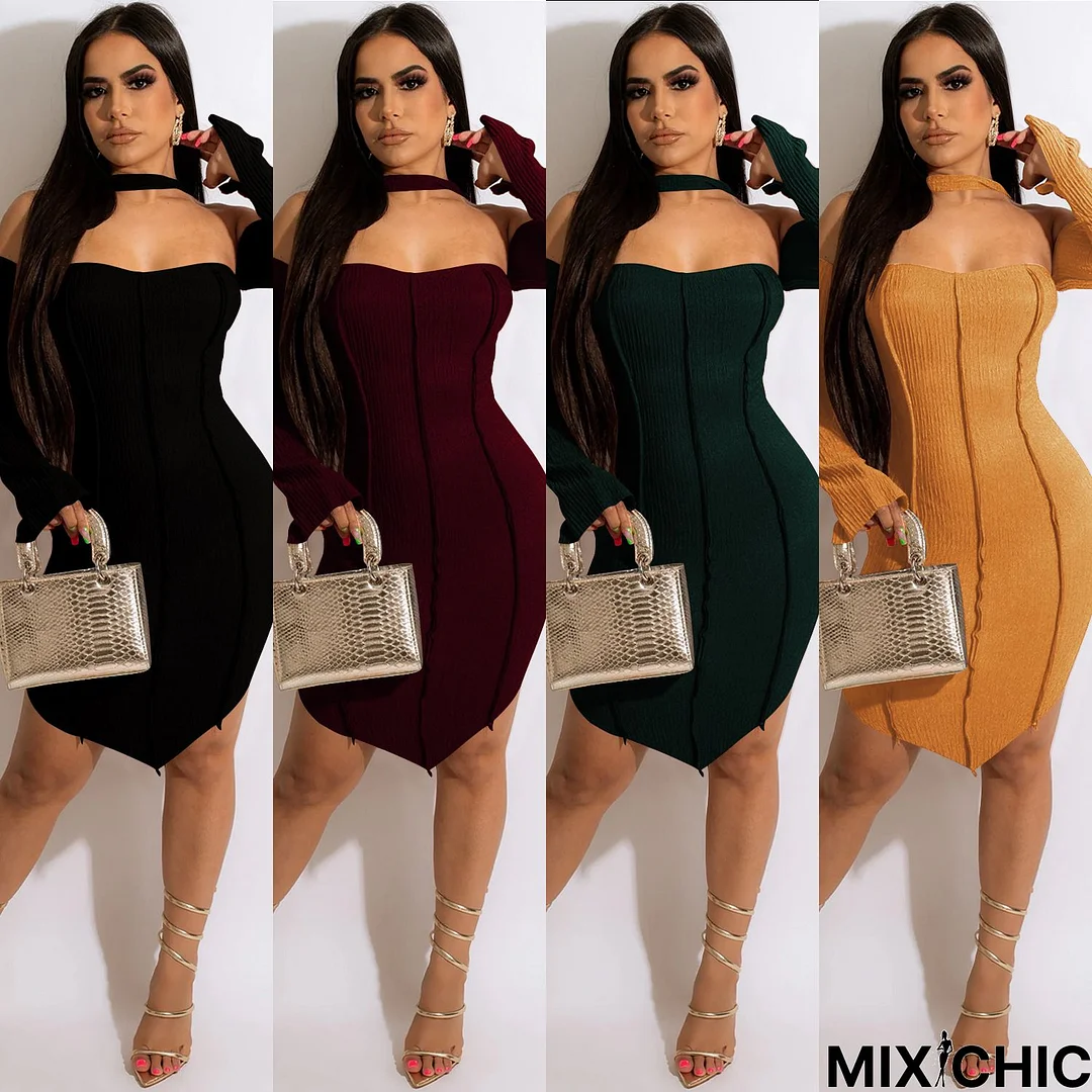 Solid Color Wrap Chest Off Shoulder Long Sleeve Halter Dress