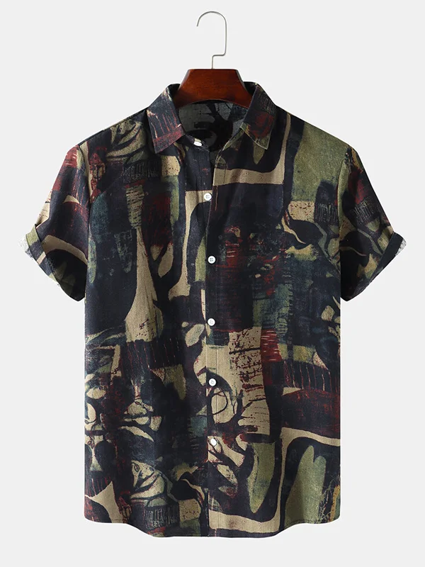 Abstract Geo Print Lapel Vintage Short Sleeve Shirts