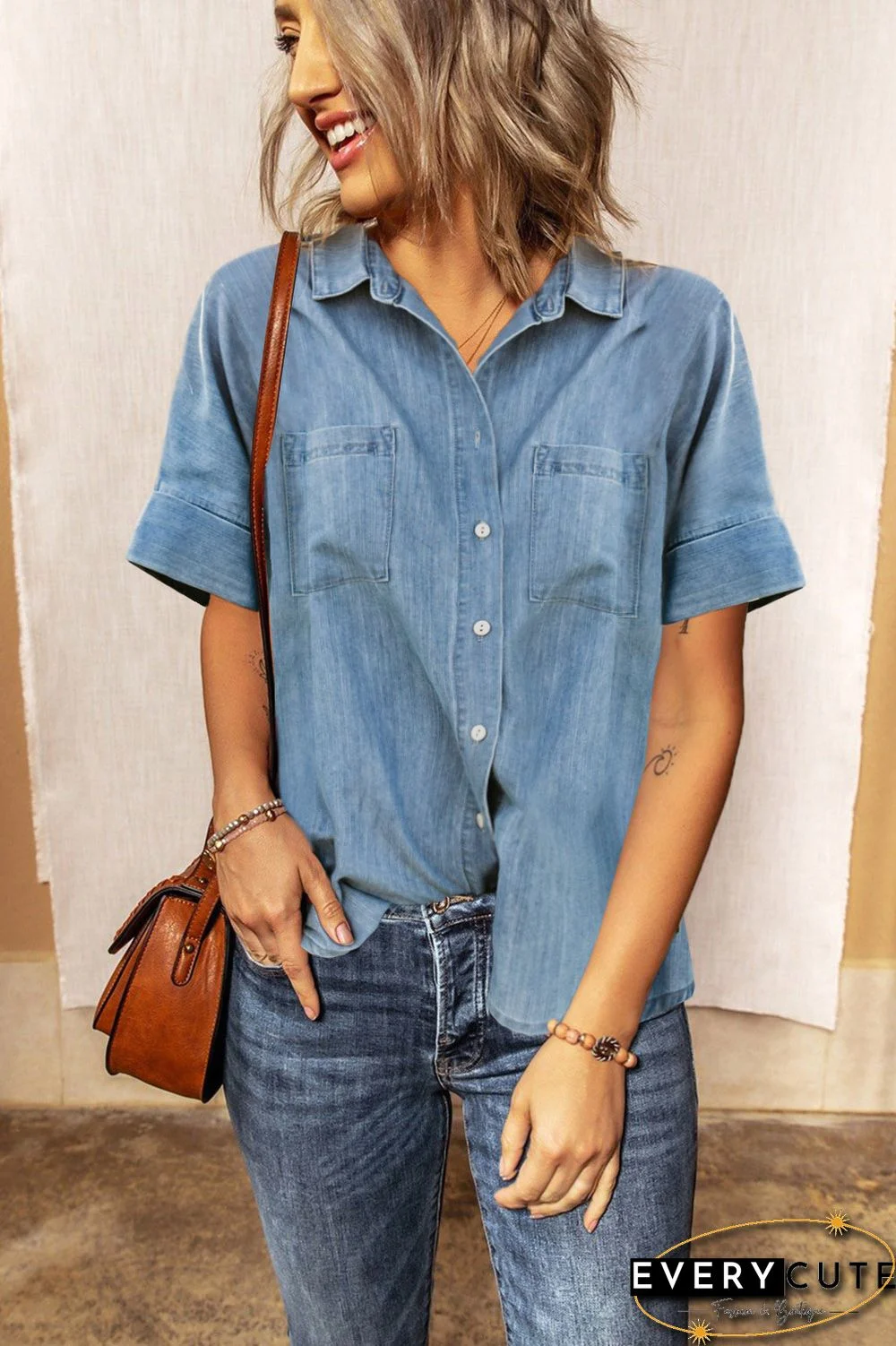 Light Blue Turn-down Collar Short Sleeve Denim Shirt