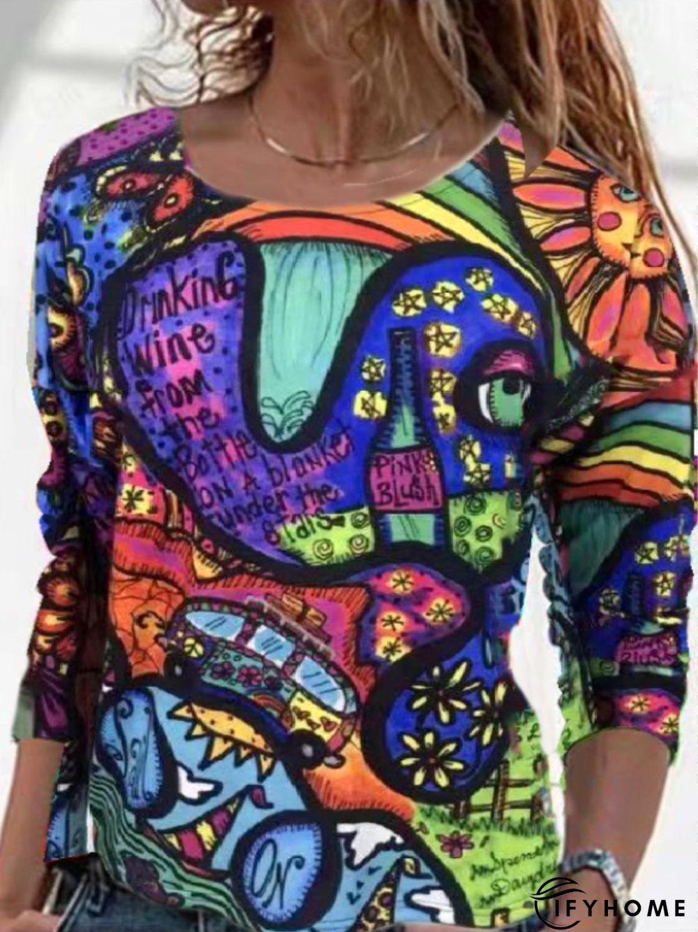 Casual Long Sleeve Round Neck Printed Top Tunic T-Shirt | IFYHOME