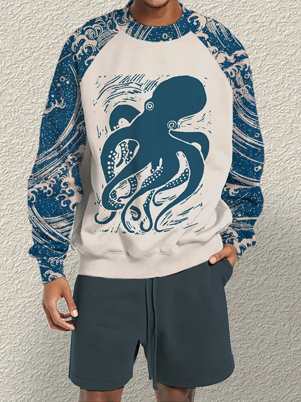 Men's Octopus Graphic Japanese Art Sea Wave Print Raglan Sweatshirt