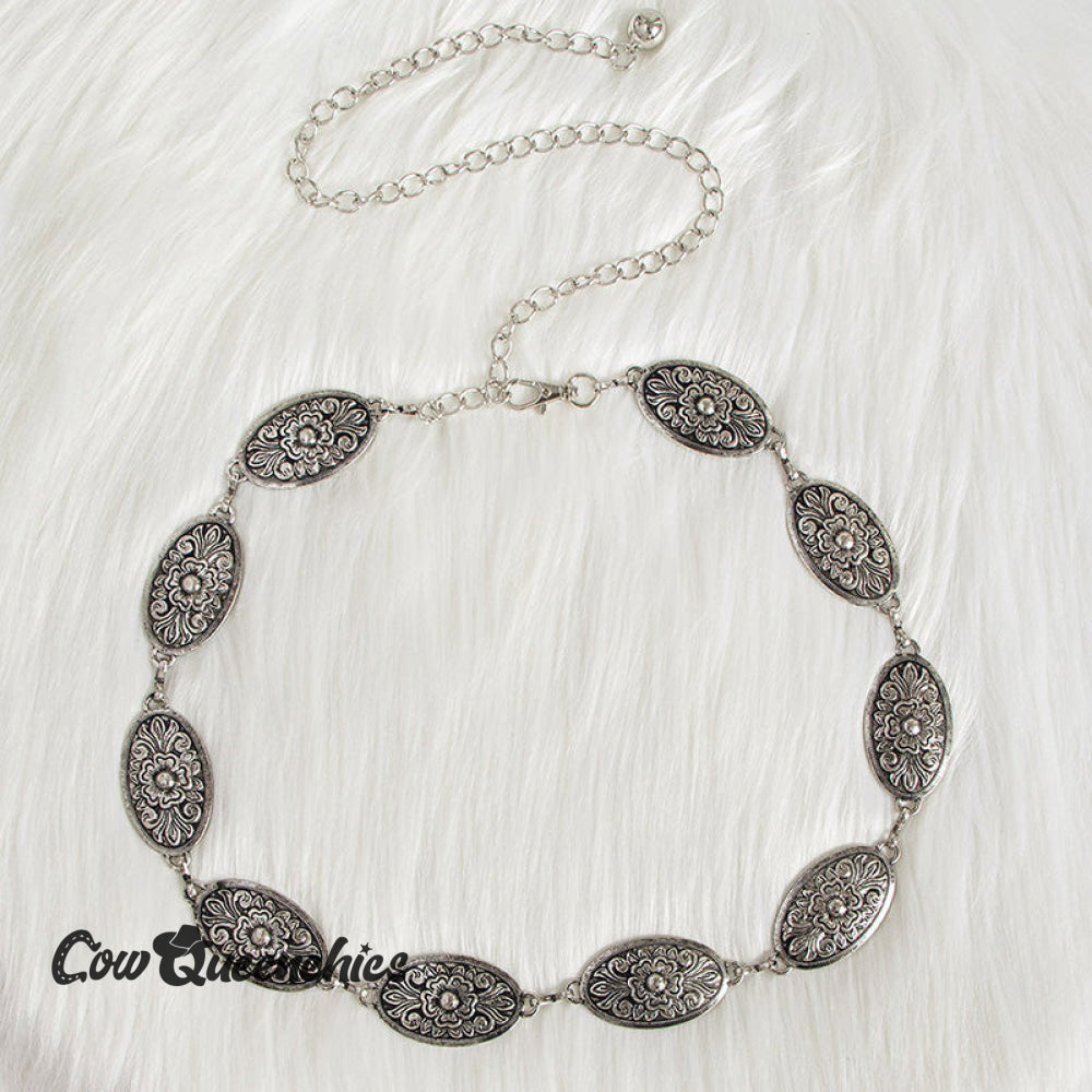Engraved Antique Metal Belt Chain Silver / One-Size