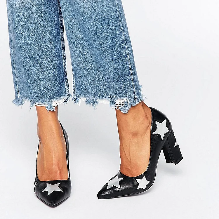 Women's Pointed Toe Stars Pumps Heels in Black and Silver |FSJ Shoes