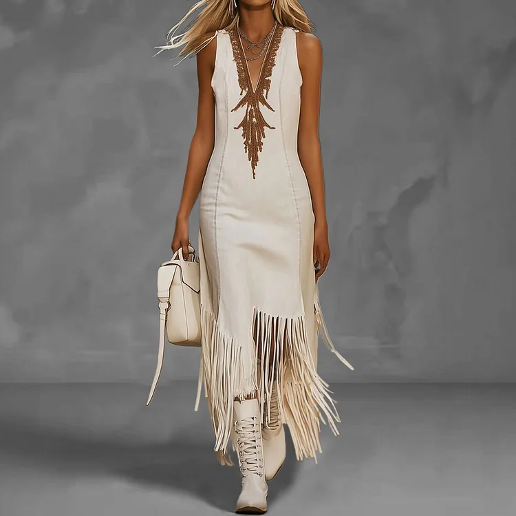 Boho Deep V Neck Sleeveless Asymmetrical Fringe Hem Maxi Dress