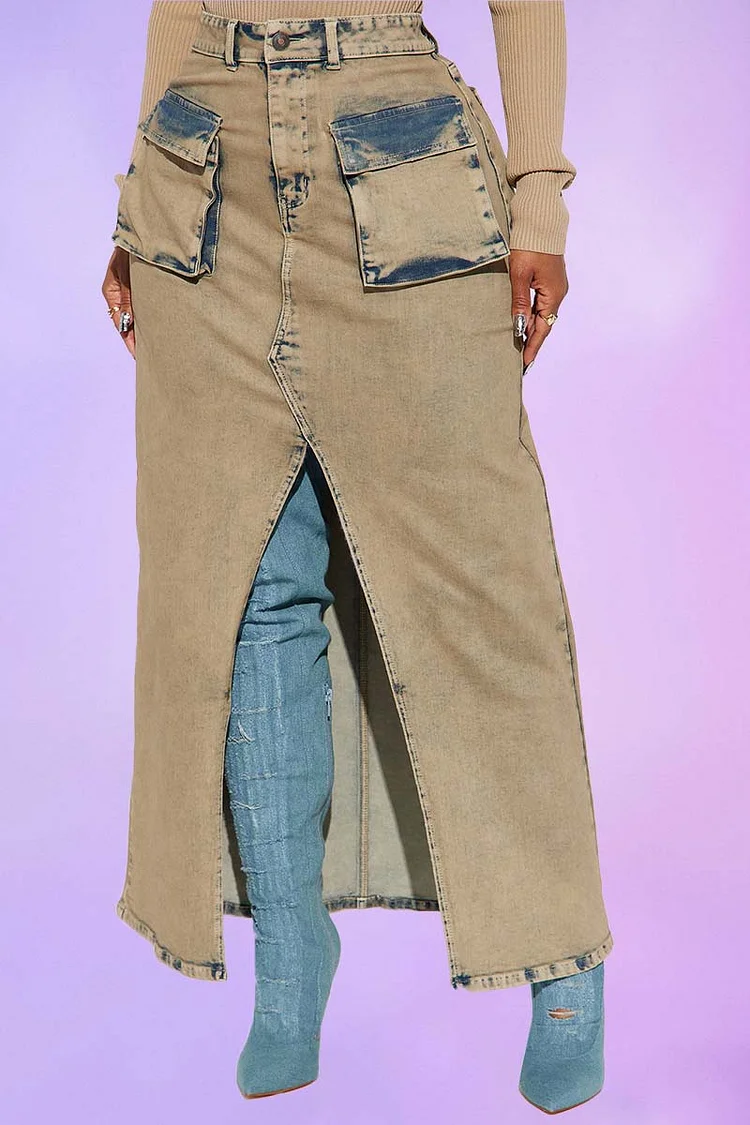 Tie-Dye Flap Pocket High Waisted Slit Midi Skirt [Pre Order]