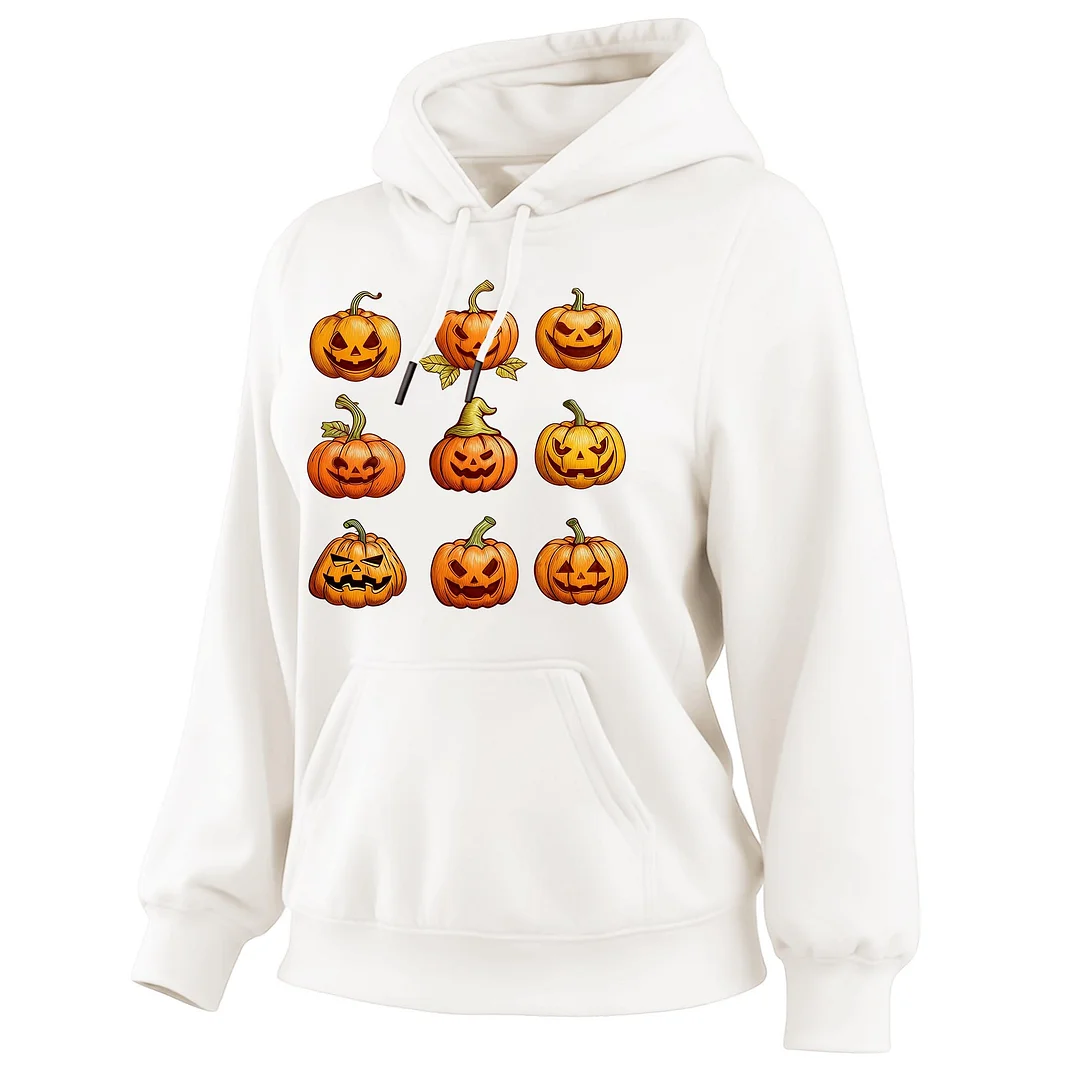 Women's Vintage Halloween Pumpkin Print Pocket Long-Sleeve Hoodie