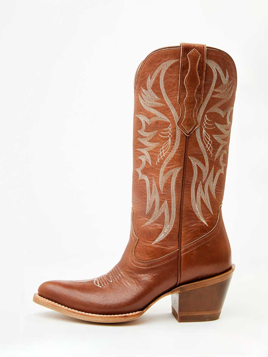 Brown Vegan Leather Pointed Toe Embroidered Block Heel Western Boots 