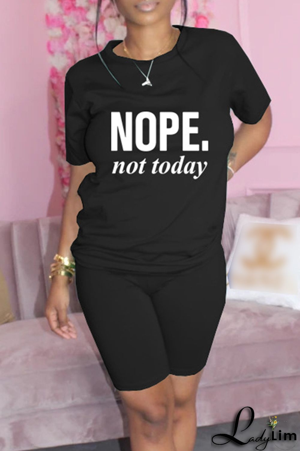 Blue Fashion Casual Letter Print Basic O Neck Short Sleeve Two Pieces