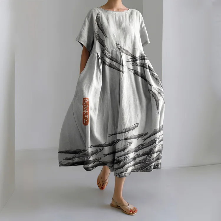 Retro Sardinas Fish Ink Art Pattern Printed Linen Blend Maxi Dress