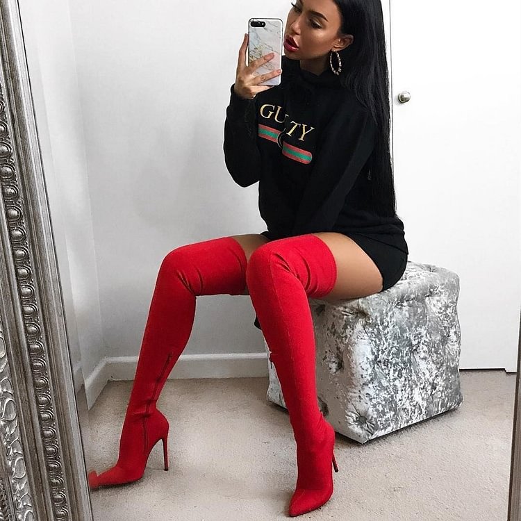 Red Suede Thigh High Heel Boots Stiletto Heel Boots |FSJ Shoes