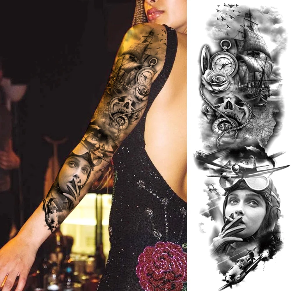 Sexy Long Full Arm Rose Clock Temporary Tattoos For Men Women Tatoo Body Leg Art Makeup Large Tiger Flower Fake Tattoo Stickers