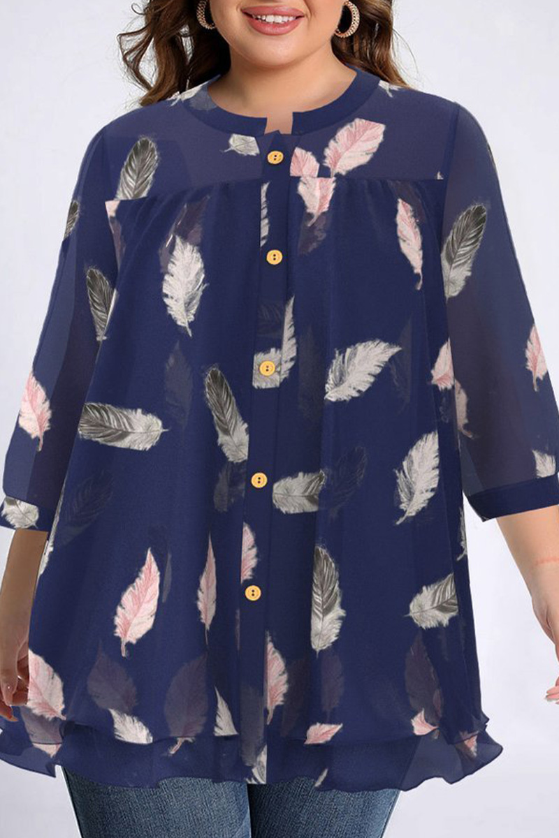 Flycurvy Plus Size Casual Navy Blue Feathers Print Plaeted 3/4 Sleeve Blouses 2024 - Flycurvy 
