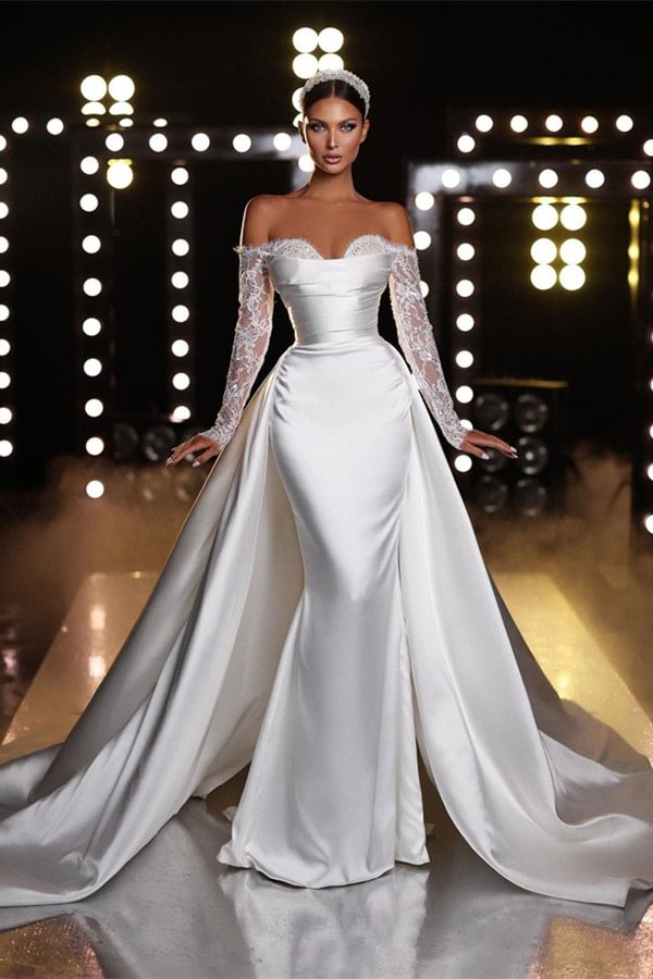 Bellasprom Long Sleeves Off-the-Shoulder Wedding Dress Lace Mermaid Overskirt