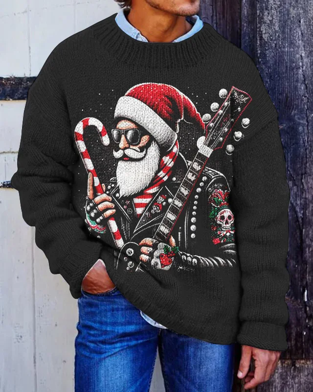 Men's Christmas Santa Claus Plays Punk Print Knit Sweatshirt