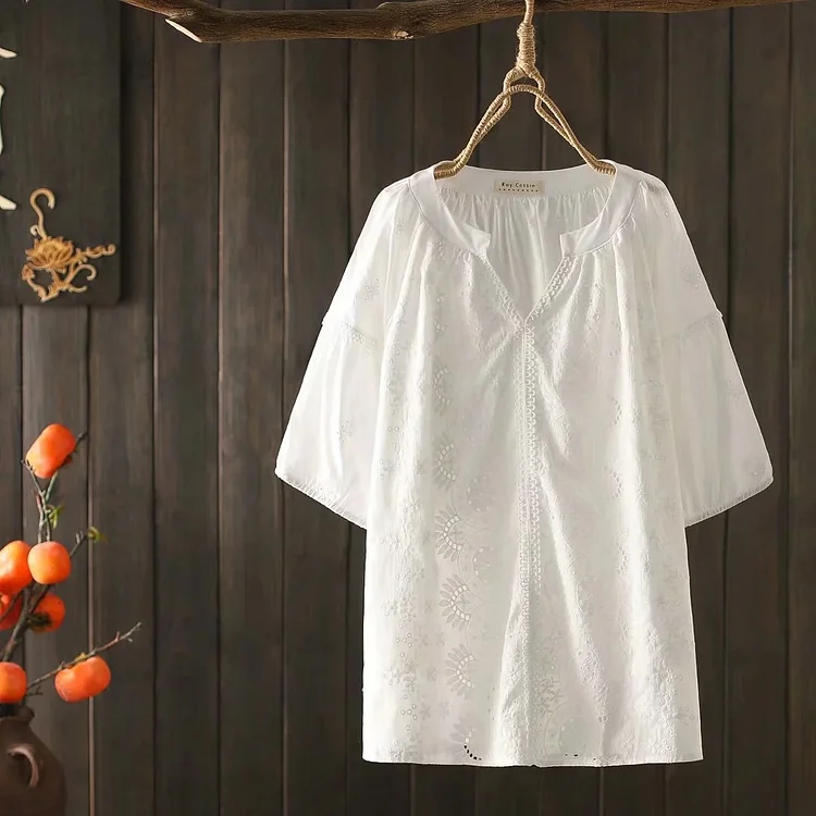 Women's V-Neck Embroidery Mid-Sleeve Solid Pullover Shirt Cotton Blouse