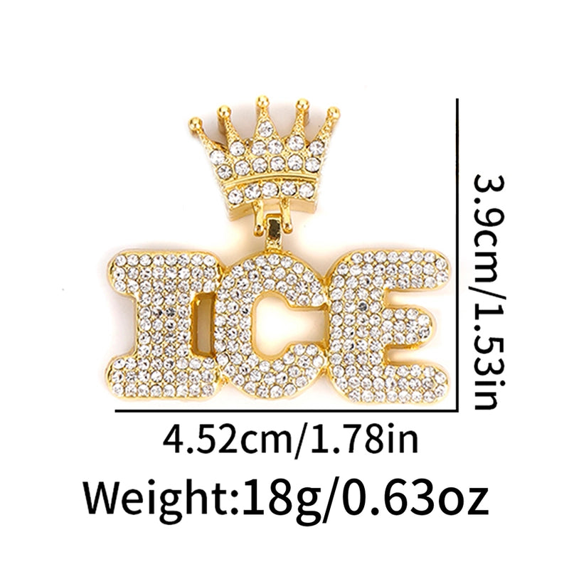 1PC New Arrival Gold Jewelry Man Silver Plated Color Letter ICE Charm Necklace Bling Bling Hip Hop Crown Design Jewelry With Cuban LInk Chain