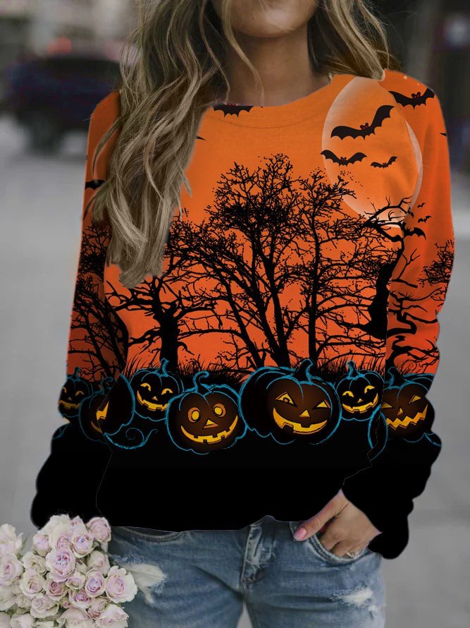 Halloween Pumpkin Orange Castle Bat Sweatshirt Top for Fall
