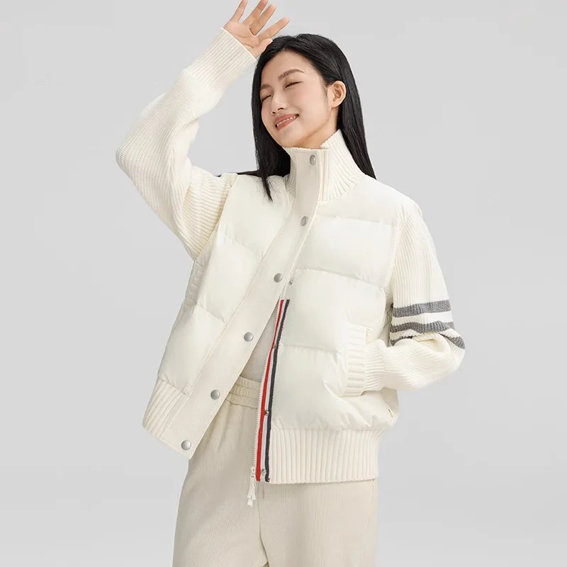 Toloer Knitting Splicing Light Down Jacket Female 2024 Winter Fashion Contrast Color Stripe Vertical Collar Casual White Duck Down Coat-Outfit Ideas