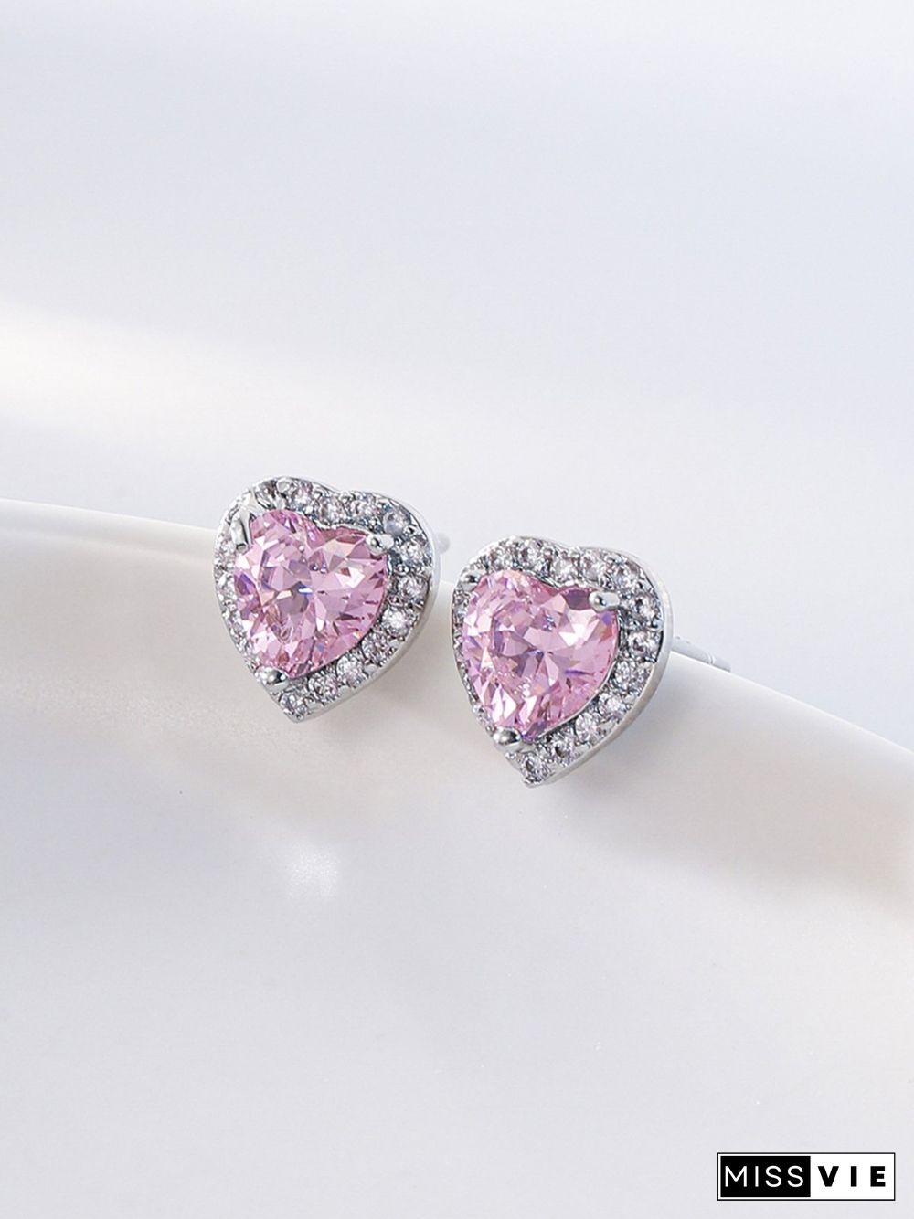 Full Diamond Pink Zircon Heart Stud Earrings Commuter Jewelry
