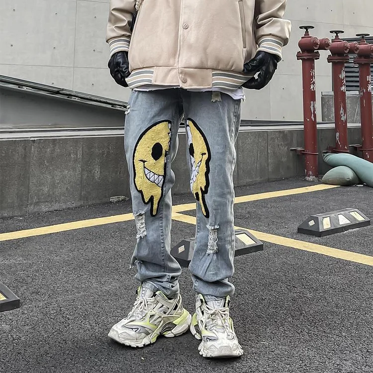 Y2k Hip Hop Punk Streetwear Smiley Face Embroidery Ripped Hole Jeans Denim Pant at Hiphopee