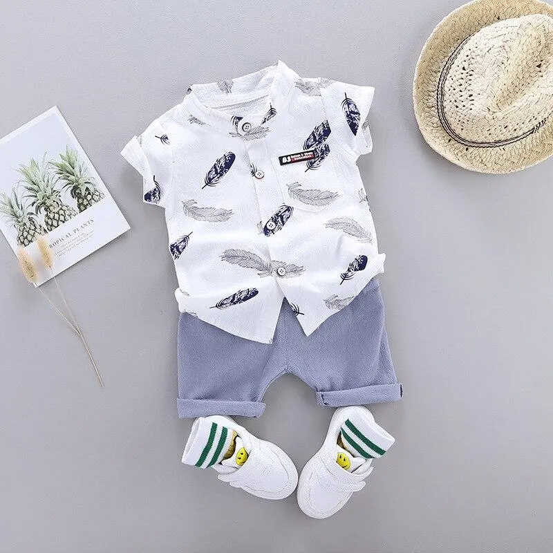 Summer Shirt Set for Toddler Baby Boy Clothing Suit New Fashion Feather Print Set Infant Boys Clothes Set