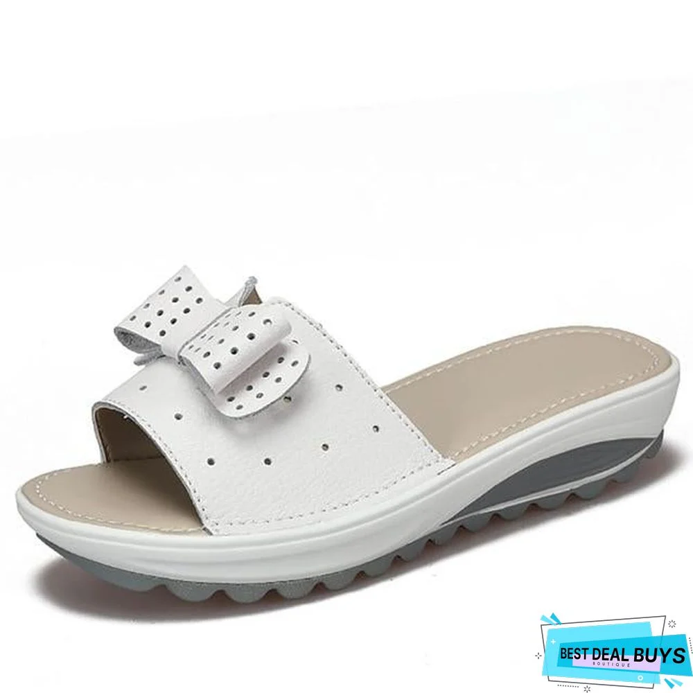 Summer Women Butterfly Knot Pu Leather Cut Out Flat Heels Slippers Sandals