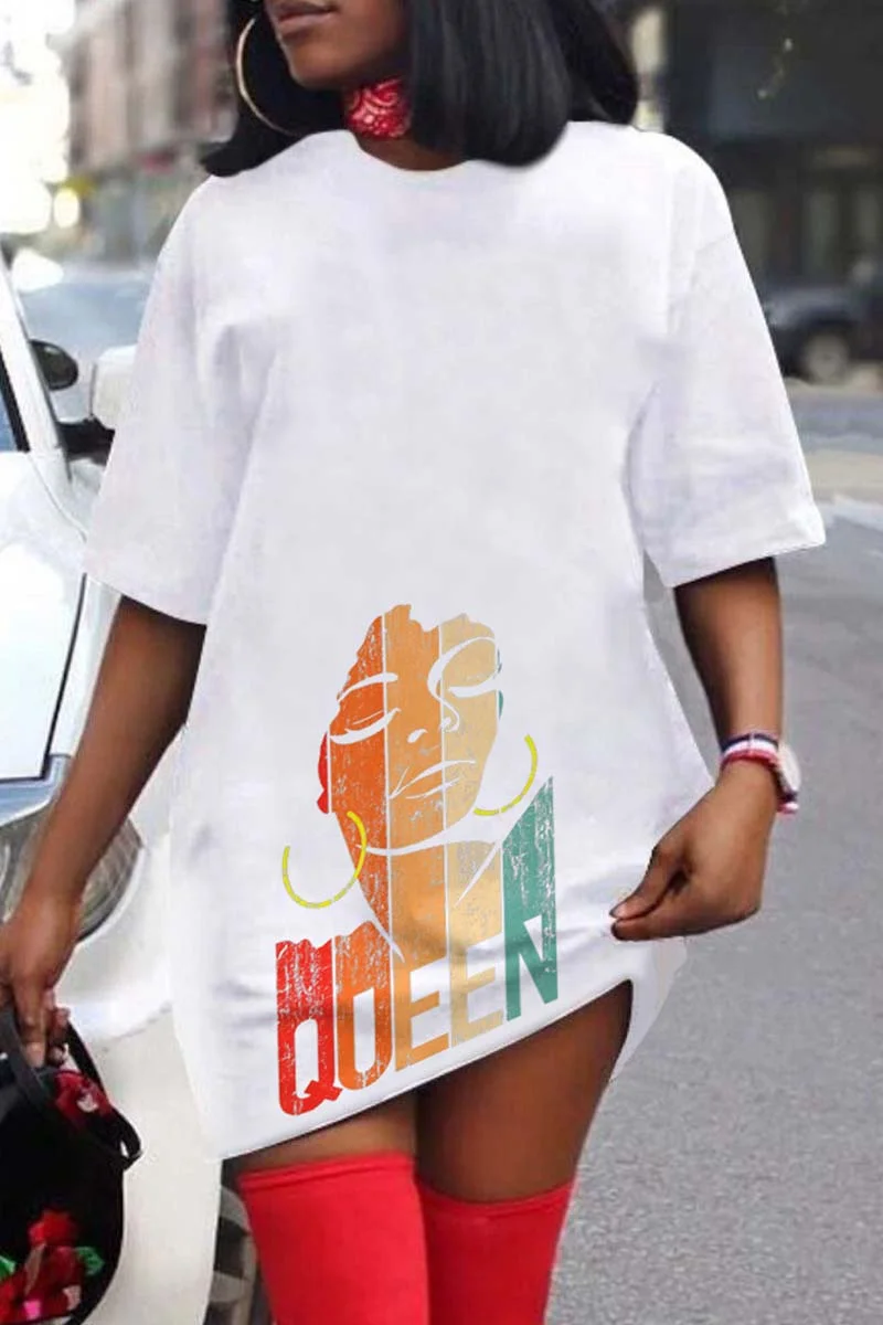 White Casual Print Basic O Neck T-shirt Dress Dresses