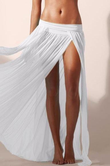 White Elastic Waist High Slit Pleated See Through Sexy Maxi Skirt Cover Up-elleschic