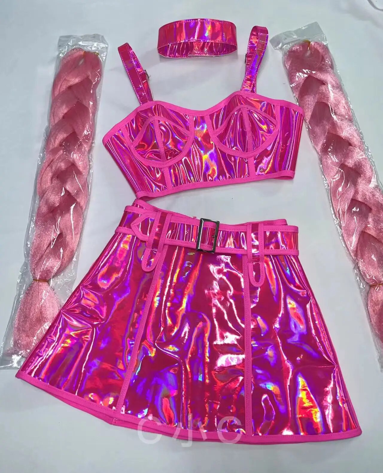 VCSHOES Leather Bar Gogo Dance Costume Fluorescent Laser Tops Skirt Braid Wig Stage Rave Outfit Festival Party Show Performance