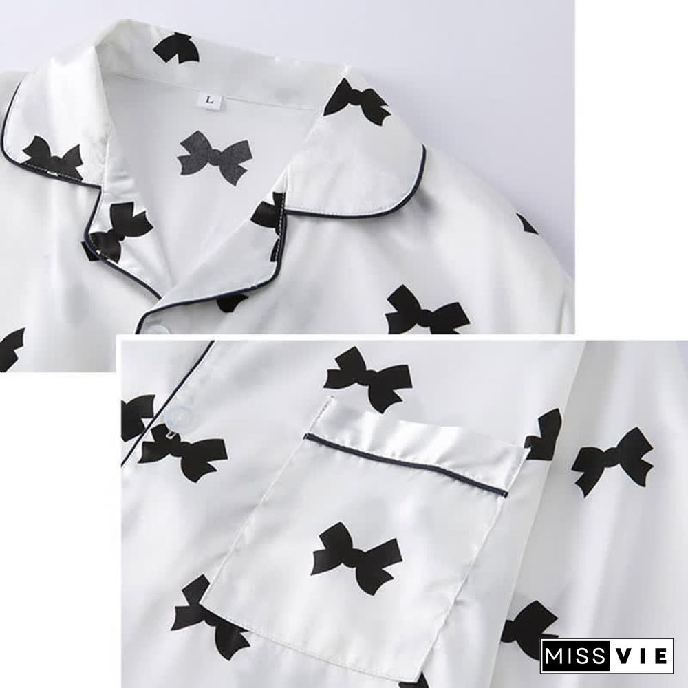 Love Heart Bow Knot Print Silk Pajamas Seven Pieces Set