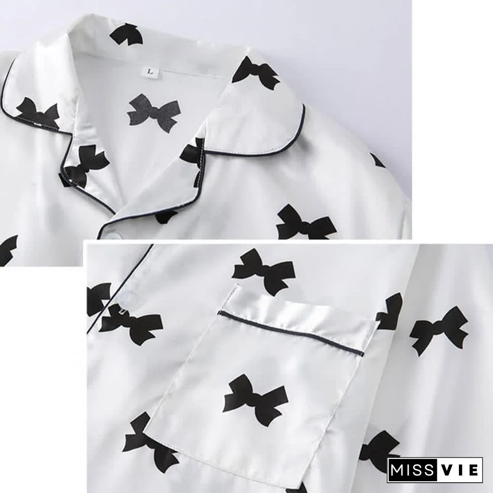 Love Heart Bow Knot Print Silk Pajamas Seven Pieces Set