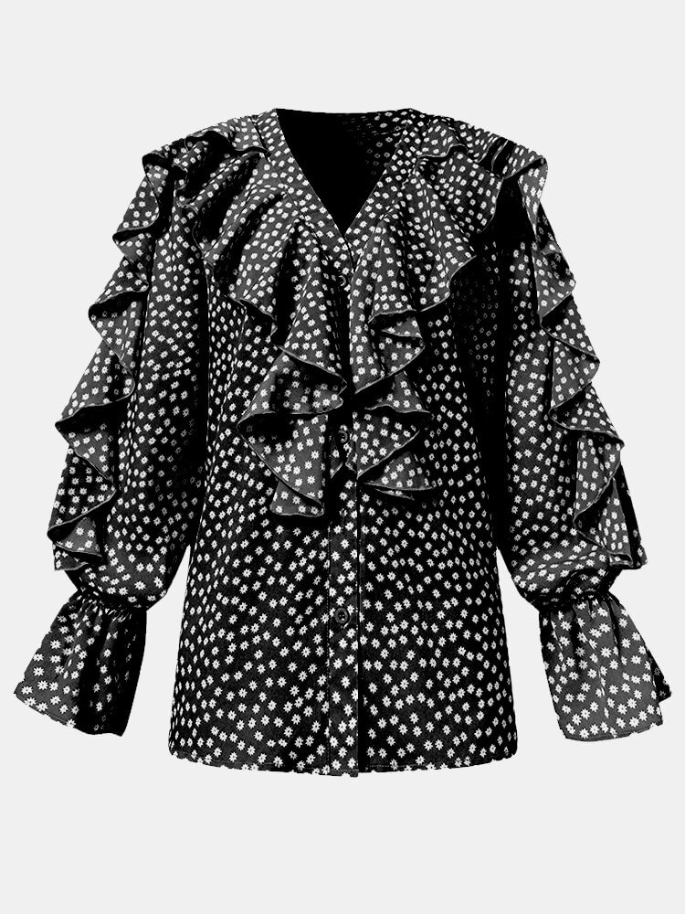Women Dot Print Buttton Patchwork V neck Long Sleeve Casual Blouse P1808070