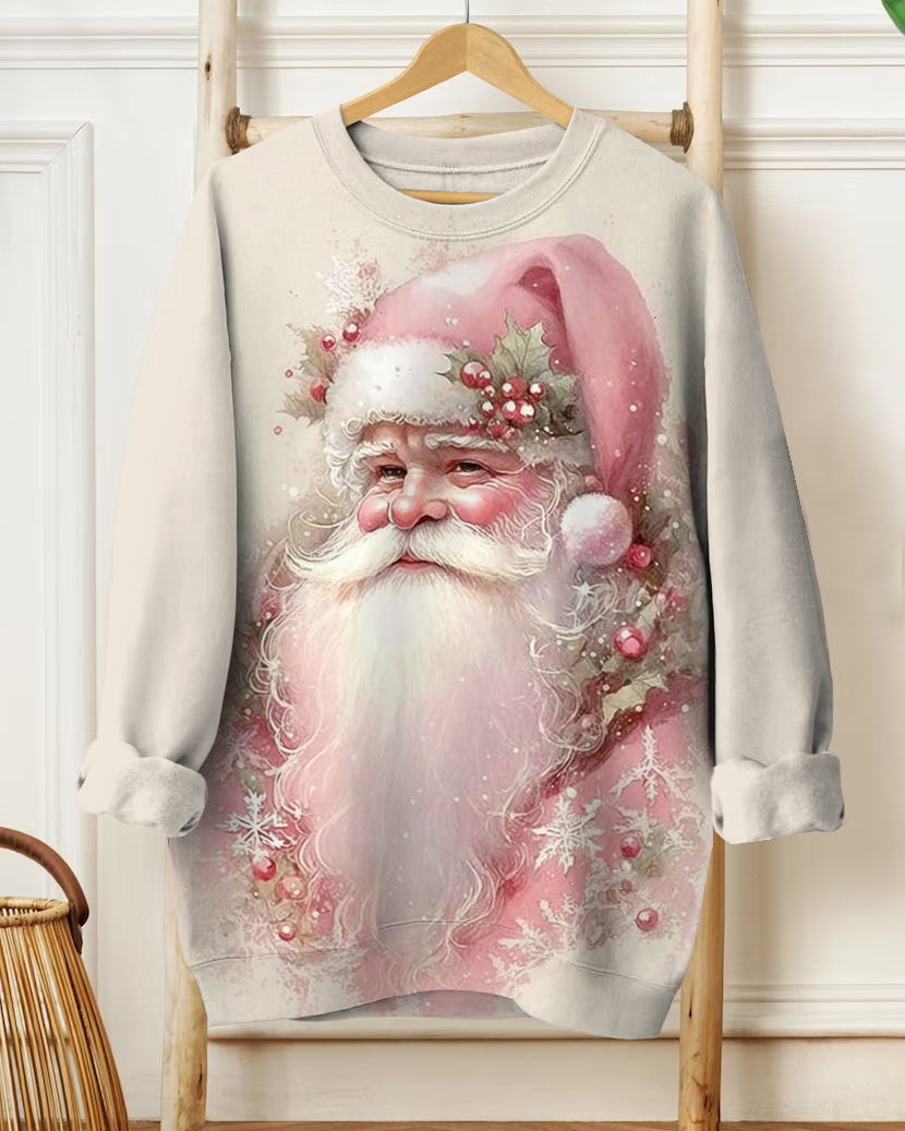 Retro Pink Santa Claus Print Crewneck Sweatshirt