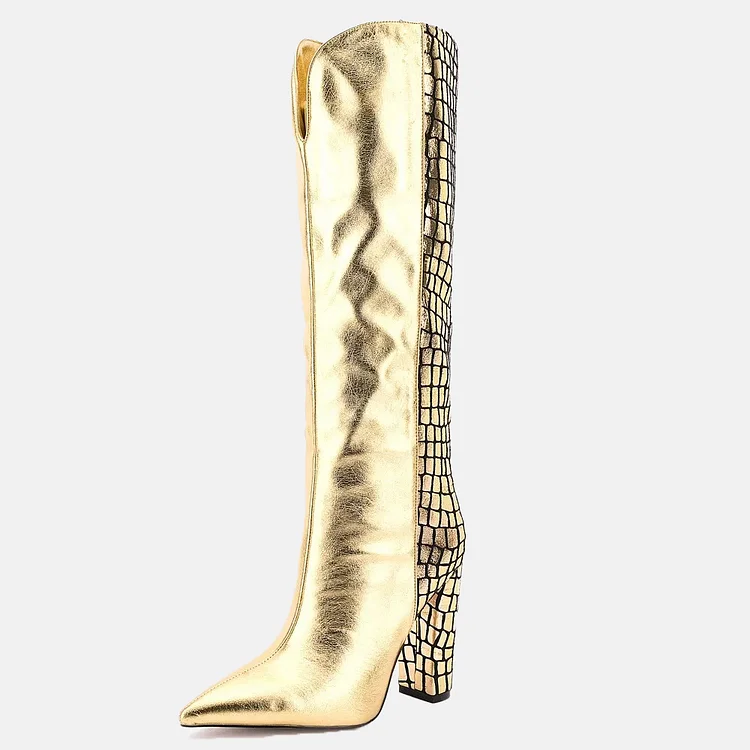 Metallic Patchwork Chunky Heel Boots-Gold