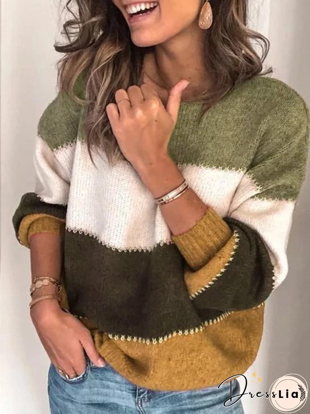 Women Plus Size Stripe Long Sleeve Casual Knit Pullover Sweater