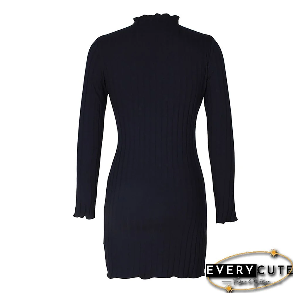 Navy Blue Long Sleeve Slim Fit Knit Mini Dress