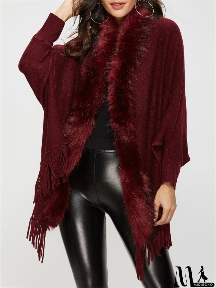 MidiSono - Elegant Lady Fur Collar Tassel Design Batwing Sleeve Cardigan Shawl Sweaters
