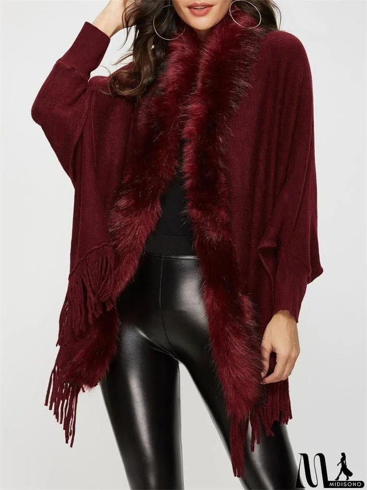 MidiSono - Elegant Lady Fur Collar Tassel Design Batwing Sleeve Cardigan Shawl Sweaters