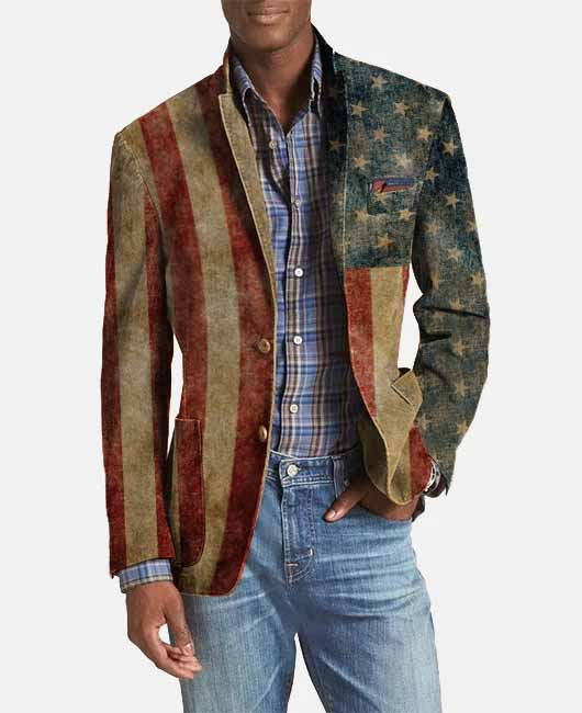 Patchwork Striped Star Print Pocket Notch Lapel Blazer