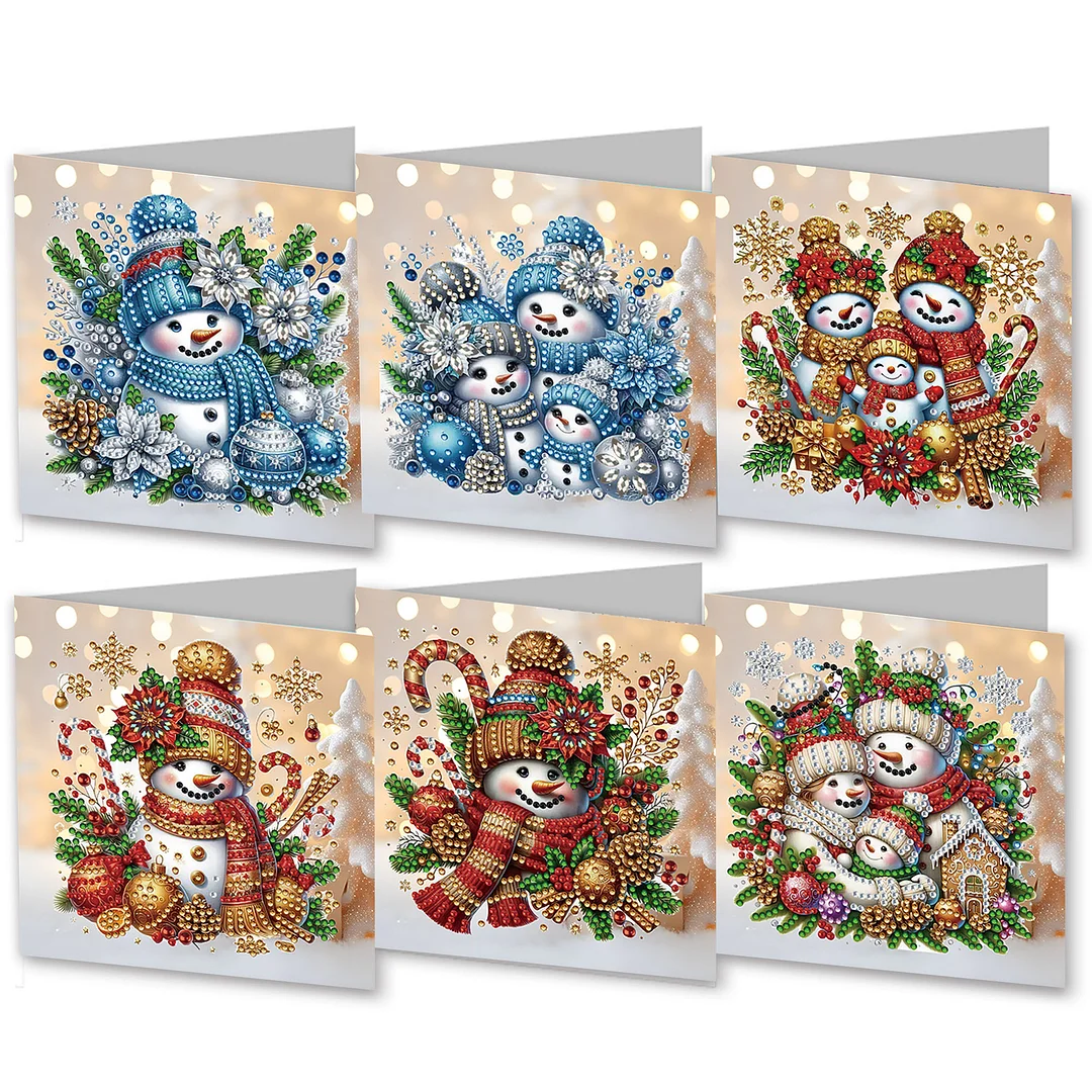 6pcs DIY Christmas Snowman DIY Diamond Painting Greeting Card for Friends Family Gift【With White Envelope】