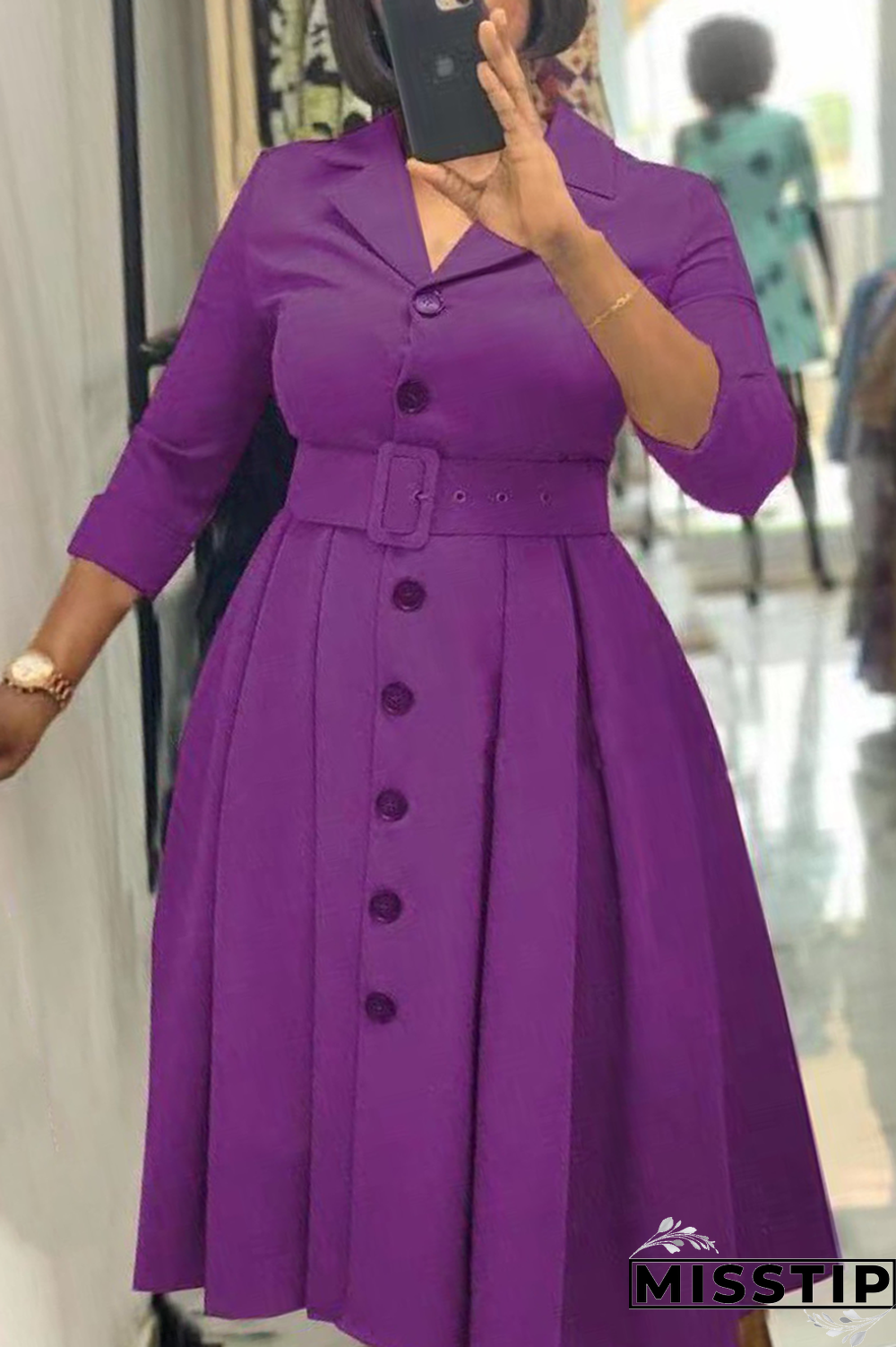 Purple Elegant Solid Patchwork Buttons Turndown Collar A Line Dresses(With Belt)